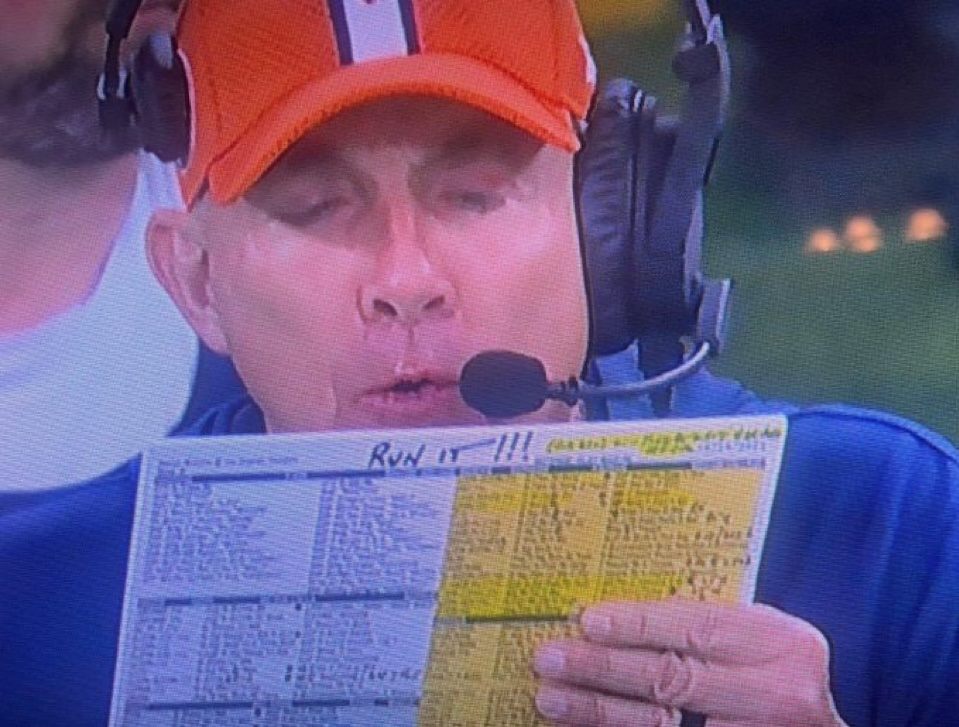 Sideline play sheet with RUN IT!!! written across the top